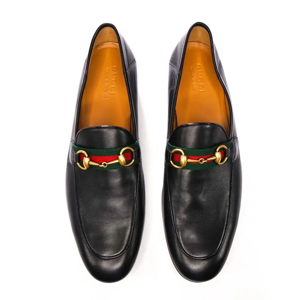 $1,090 GUCCI - Black Leather Jordaan Agnello Loafers - 12.5 (12G)